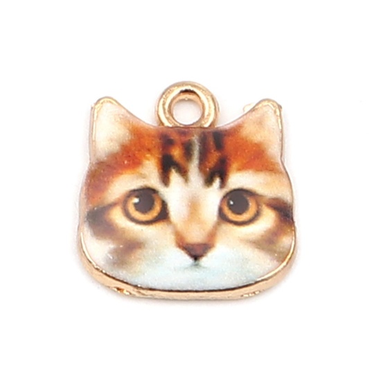 Picture of Zinc Based Alloy Charms Cat Animal Gold Plated Brown Yellow Enamel 13mm x 13mm, 10 PCs