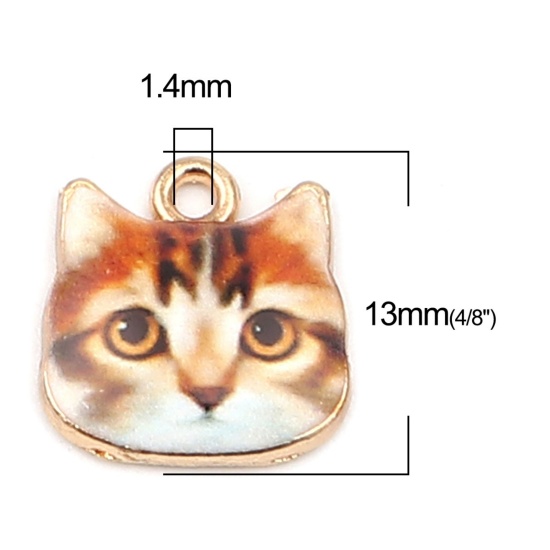 Picture of Zinc Based Alloy Charms Cat Animal Gold Plated Brown Yellow Enamel 13mm x 13mm, 10 PCs