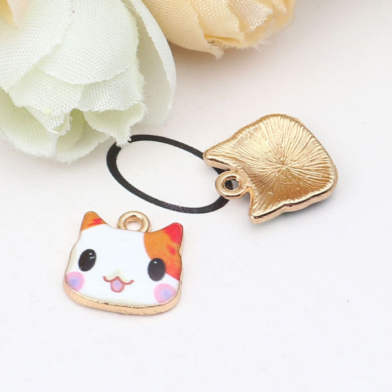 Immagine di Zinc Based Alloy Charms Cat Animal Gold Plated Multicolor Enamel 13mm x 13mm, 10 PCs