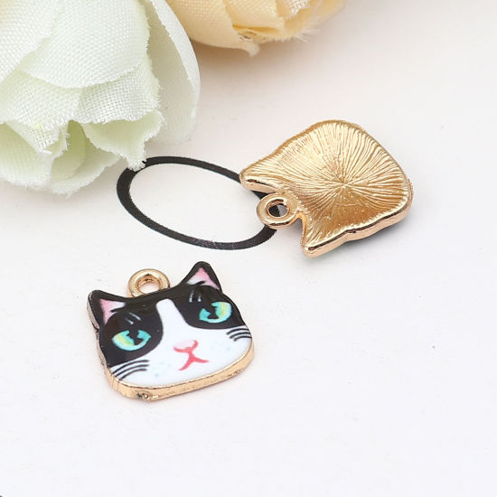 Picture of Zinc Based Alloy Charms Cat Animal Gold Plated Multicolor Enamel 13mm x 13mm, 10 PCs