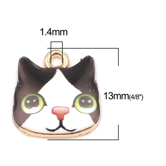 Picture of Zinc Based Alloy Charms Cat Animal Gold Plated Black & White Enamel 13mm x 13mm, 10 PCs