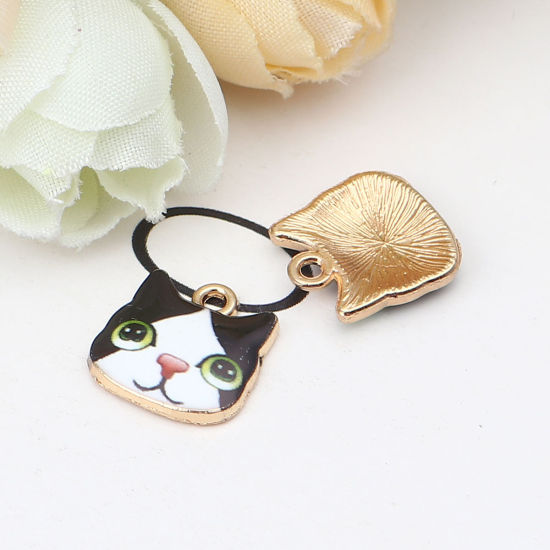 Picture of Zinc Based Alloy Charms Cat Animal Gold Plated Black & White Enamel 13mm x 13mm, 10 PCs