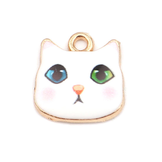 Immagine di Zinc Based Alloy Charms Cat Animal Gold Plated White & Pink Enamel 13mm x 13mm, 10 PCs