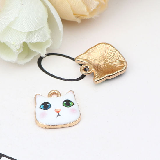 Immagine di Zinc Based Alloy Charms Cat Animal Gold Plated White & Pink Enamel 13mm x 13mm, 10 PCs