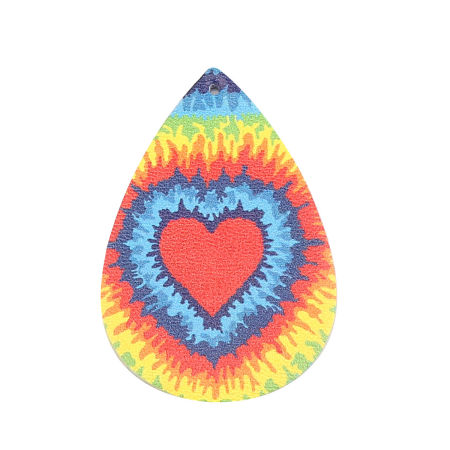 Bild von PU Ethnisch Anhänger Tropfen Bunt Herz Tie-Dye 57mm x 38mm, 5 Stück