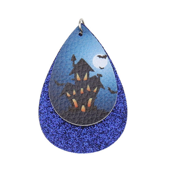 Immagine di PU Leather Pendants Drop Royal Blue Halloween Haunted House Sequins 57mm x 37mm, 5 PCs