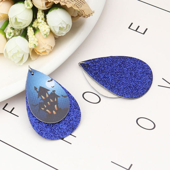 Immagine di PU Leather Pendants Drop Royal Blue Halloween Haunted House Sequins 57mm x 37mm, 5 PCs