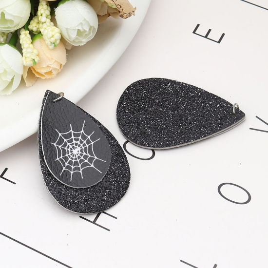 Immagine di PU Leather Pendants Drop Black Halloween Cobweb Sequins 57mm x 37mm, 5 PCs