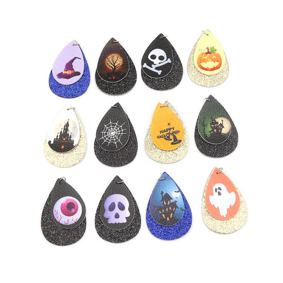 Immagine di PU Leather Pendants Drop Black Halloween Cobweb Sequins 57mm x 37mm, 5 PCs
