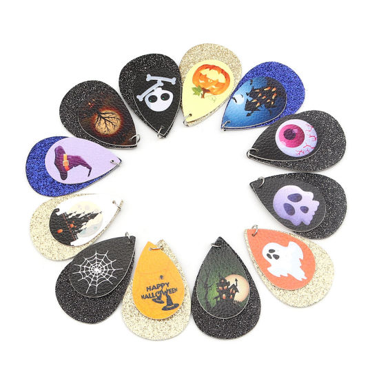 Immagine di PU Leather Pendants Drop Black Halloween Cobweb Sequins 57mm x 37mm, 5 PCs