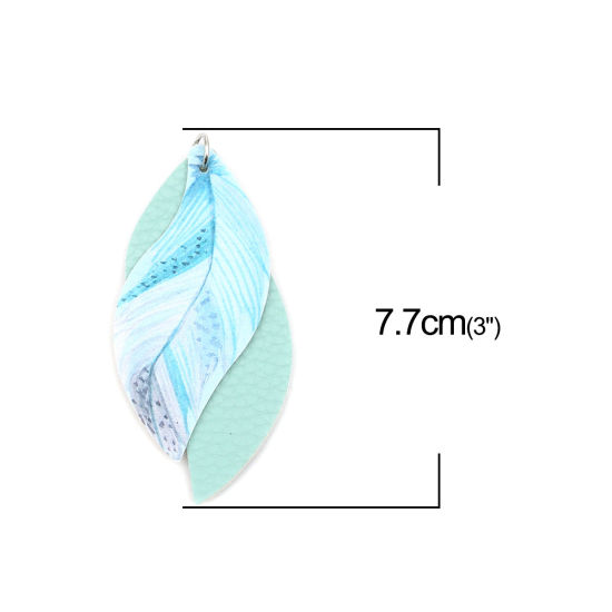 Image de Pendentifs en PU Feuille Vert Menthe Plumes 77mm x 34mm, 5 Pcs