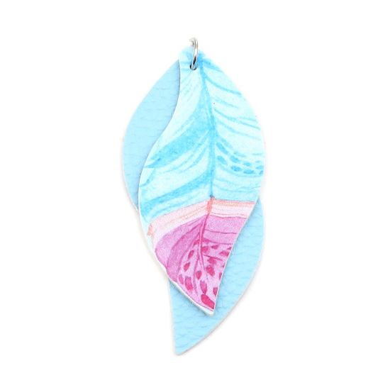 Image de Pendentifs en PU Feuille Bleu Plumes 77mm x 34mm, 5 Pcs