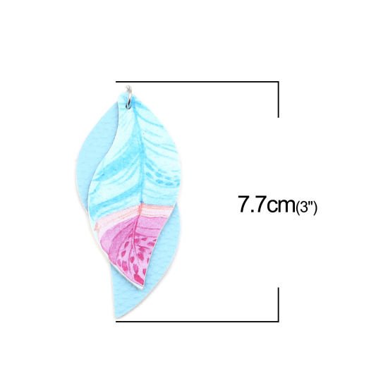 Image de Pendentifs en PU Feuille Bleu Plumes 77mm x 34mm, 5 Pcs