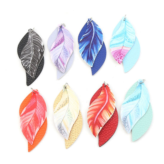 Image de Pendentifs en PU Feuille Bleu Plumes 77mm x 34mm, 5 Pcs