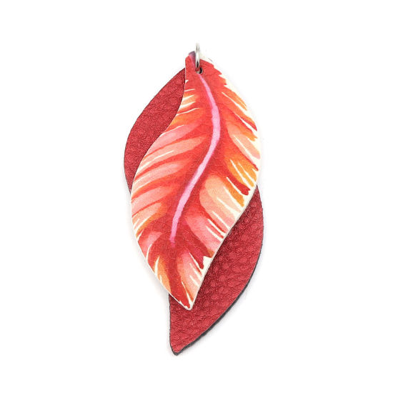 Image de Pendentifs en PU Feuille Rouge Foncé Plumes 77mm x 34mm, 5 Pcs