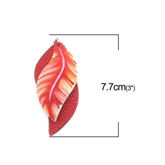 Image de Pendentifs en PU Feuille Rouge Foncé Plumes 77mm x 34mm, 5 Pcs