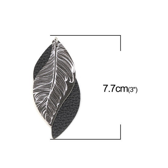 Image de Pendentifs en PU Feuille Noir & Blanc Plumes 77mm x 34mm, 5 Pcs