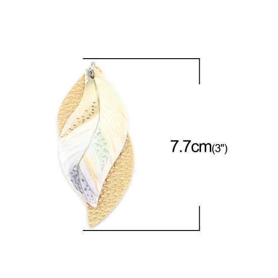 Image de Pendentifs en PU Feuille Champagne Plumes 77mm x 34mm, 5 Pcs