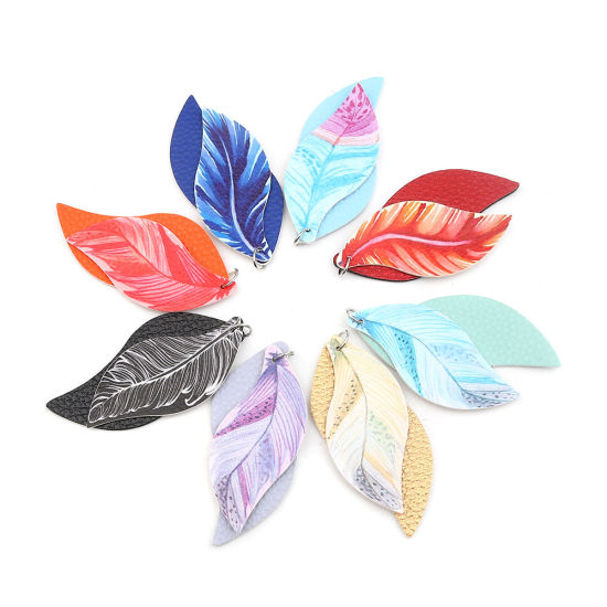 Image de Pendentifs en PU Feuille Saphir Plumes 77mm x 34mm, 5 Pcs