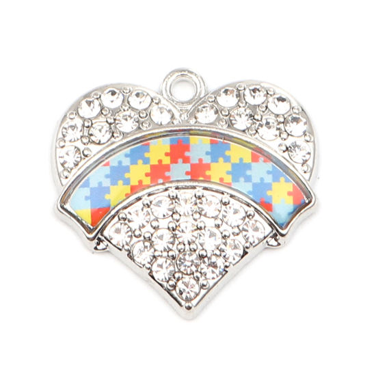 Picture of Zinc Based Alloy Medical Charms Heart Silver Tone Multicolor Jigsaw Enamel Clear Rhinestone 24mm x 24mm, 1 Piece