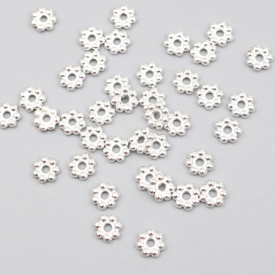 Изображение Zinc Based Alloy Spacer Beads Flower Silver Plated About 6mm x 6mm, Hole: Approx 1.2mm, 500 PCs