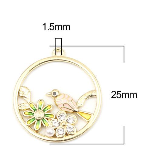 Picture of Zinc Based Alloy Charms Circle Ring Gold Plated Multicolor Bird Acrylic Imitation Pearl Clear Rhinestone 25mm x 23mm, 5 PCs