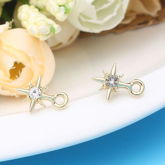 Picture of Galaxy Ear Post Stud Earrings Findings Star Gold Plated W/ Loop Clear Rhinestone 12mm x 9mm, Post/ Wire Size: (21 gauge), 6 PCs