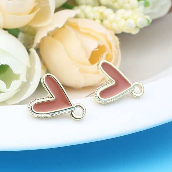 Immagine di Valentine's Day Ear Post Stud Earrings Findings Heart Gold Plated Orange W/ Loop 13mm x 10mm, Post/ Wire Size: (21 gauge), 6 PCs