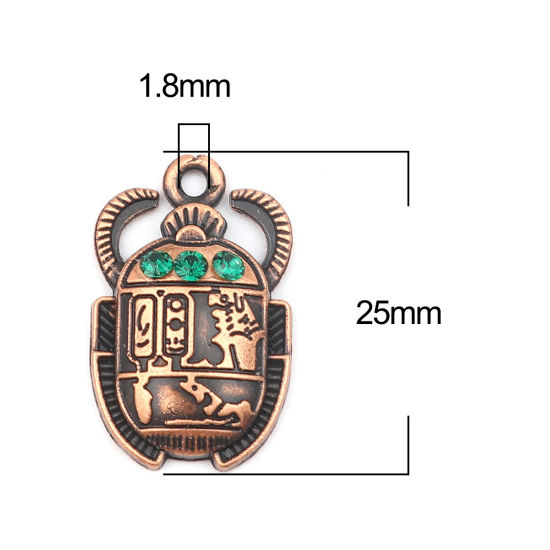 Picture of Zinc Based Alloy Insect Charms Antique Copper Beetle Green Rhinestone 25mm x 16mm, 10 PCs