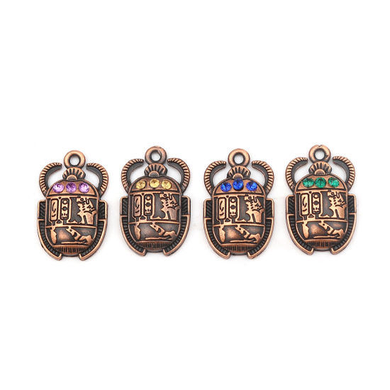 Picture of Zinc Based Alloy Insect Charms Antique Copper Beetle Green Rhinestone 25mm x 16mm, 10 PCs