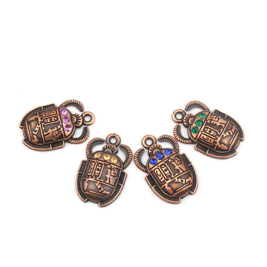 Picture of Zinc Based Alloy Insect Charms Antique Copper Beetle Green Rhinestone 25mm x 16mm, 10 PCs