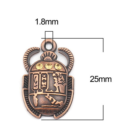 Picture of Zinc Based Alloy Insect Charms Antique Copper Beetle Orange Rhinestone 25mm x 16mm, 10 PCs