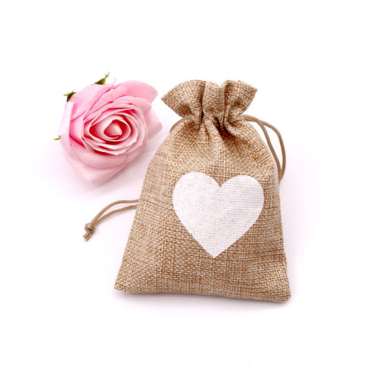 Picture of Jute Drawstring Bags Rectangle Brown Heart 14cm x 10cm, 5 PCs