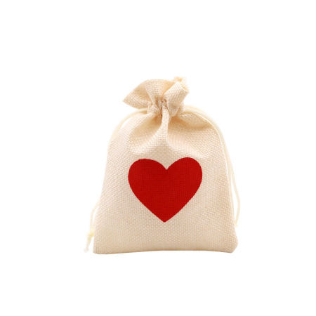 Bild von Rundkaspeljute Kordelzug Beutel Rechteck Beige & Rot Herz 14cm x 10cm, 5 Stück