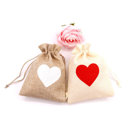Picture of Jute Drawstring Bags Rectangle Beige & Red Heart 14cm x 10cm, 5 PCs