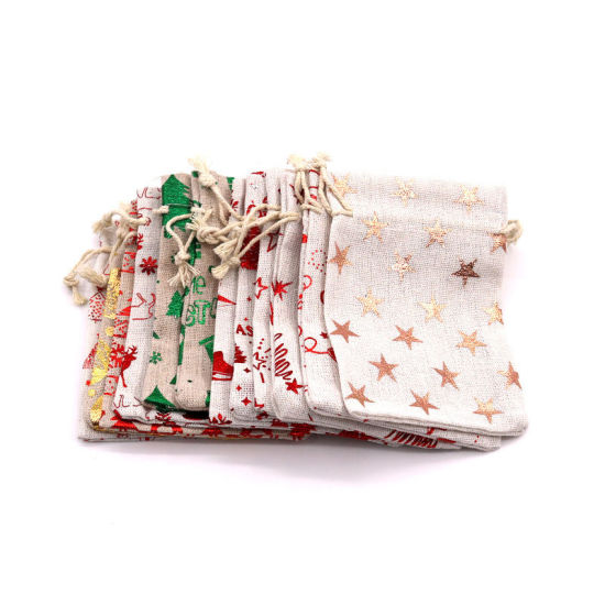 Picture of Cotton & Linen Drawstring Bags Christmas Snowflake Beige & Red Rectangle 14cm x 10cm, 10 PCs