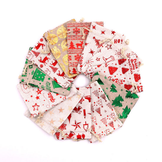 Picture of Cotton & Linen Drawstring Bags Christmas Snowflake Beige & Red Rectangle 14cm x 10cm, 10 PCs