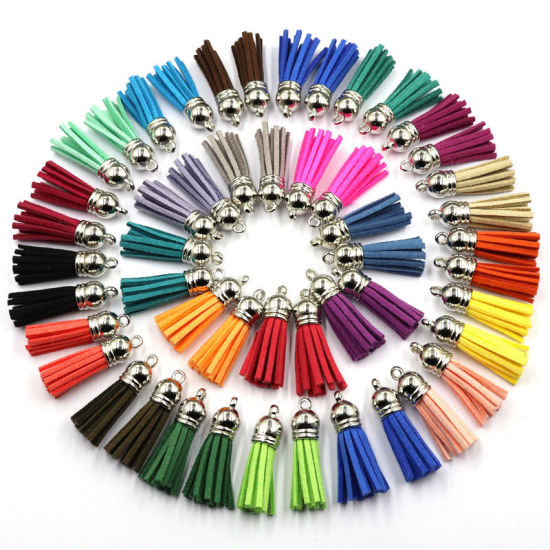 Picture of Velvet Tassel Pendants with Silver Tone CCB Cap Green 37mm - 35mm, 20 PCs