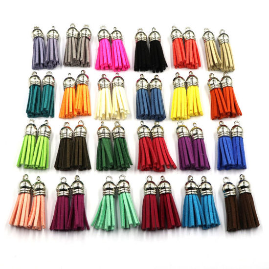 Picture of Velvet Tassel Pendants with Silver Tone CCB Cap Pink 37mm - 35mm, 20 PCs
