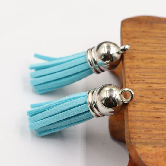 Picture of Velvet Tassel Pendants with Silver Tone CCB Cap Skyblue 37mm - 35mm, 20 PCs