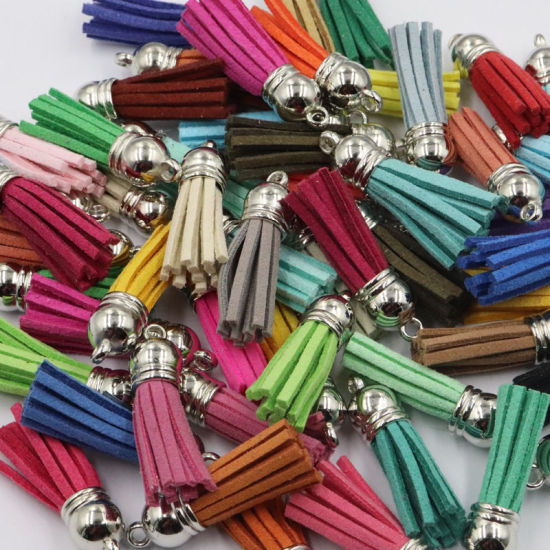 Picture of Velvet Tassel Pendants with Silver Tone CCB Cap Pale Yellow 37mm - 35mm, 20 PCs