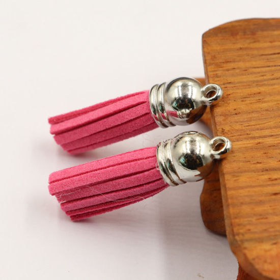 Picture of Velvet Tassel Pendants with Silver Tone CCB Cap Hot Pink 37mm - 35mm, 20 PCs