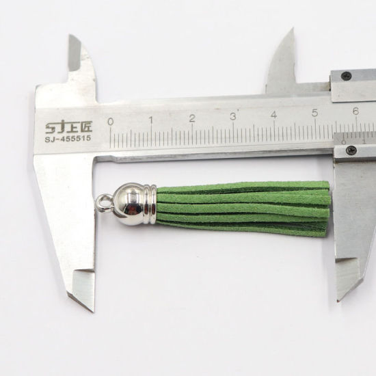 Picture of Velvet Tassel Pendants with Silver Tone CCB Cap Light Green 58mm - 55mm, 10 PCs