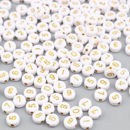 Acrylic Beads Flat Round White & Golden Number Pattern About 7mm Dia., Hole: Approx 1.5mm, 500 PCs