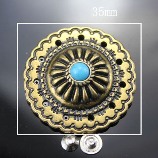 Imagen de Aleación de metal de Zinc + Acrílico Metal Botón Snap Fasteners Ronda Metálico Azul Imitación de turquesa 35mm Dia, 2 Unidades