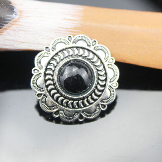 Imagen de Zinc Based Alloy & Acrylic Metal Snap Fastener Buttons Round Black Flower Carved Imitation Turquoise 25mm Dia., 2 PCs