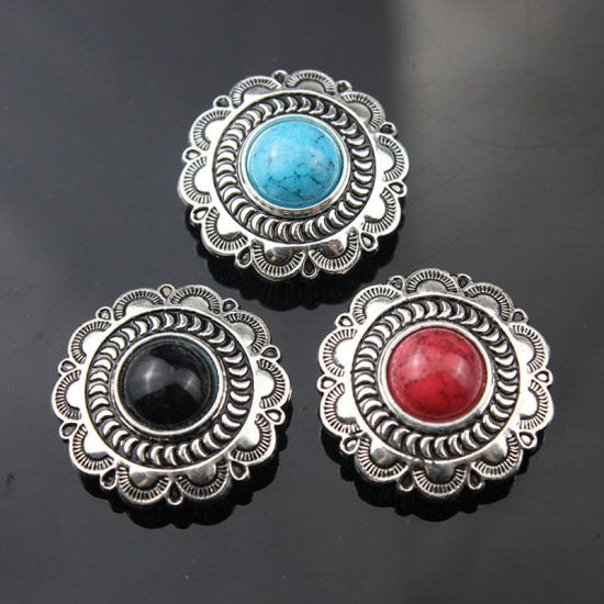 Imagen de Zinc Based Alloy & Acrylic Metal Snap Fastener Buttons Round Black Flower Carved Imitation Turquoise 25mm Dia., 2 PCs