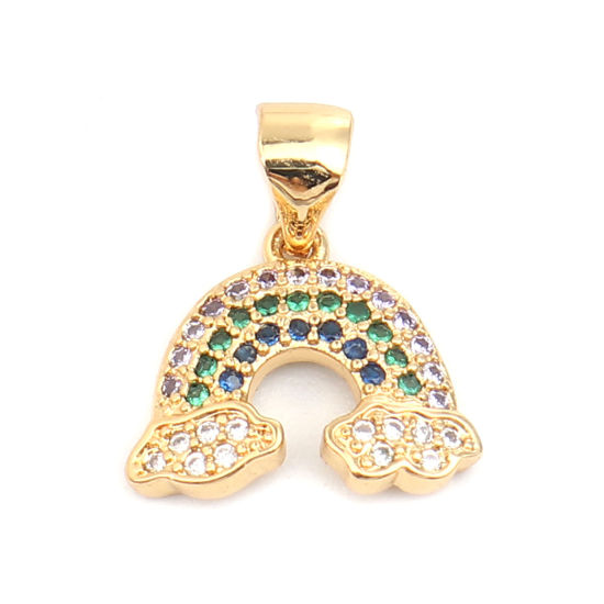 Picture of 1 Piece Zinc Based Alloy Weather Collection Charm Pendant Gold Plated Rainbow Micro Pave Multicolor Rhinestone 16mm x 13mm