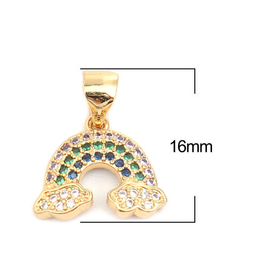 Picture of 1 Piece Zinc Based Alloy Weather Collection Charm Pendant Gold Plated Rainbow Micro Pave Multicolor Rhinestone 16mm x 13mm