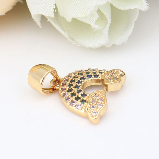 Picture of 1 Piece Zinc Based Alloy Weather Collection Charm Pendant Gold Plated Rainbow Micro Pave Multicolor Rhinestone 16mm x 13mm